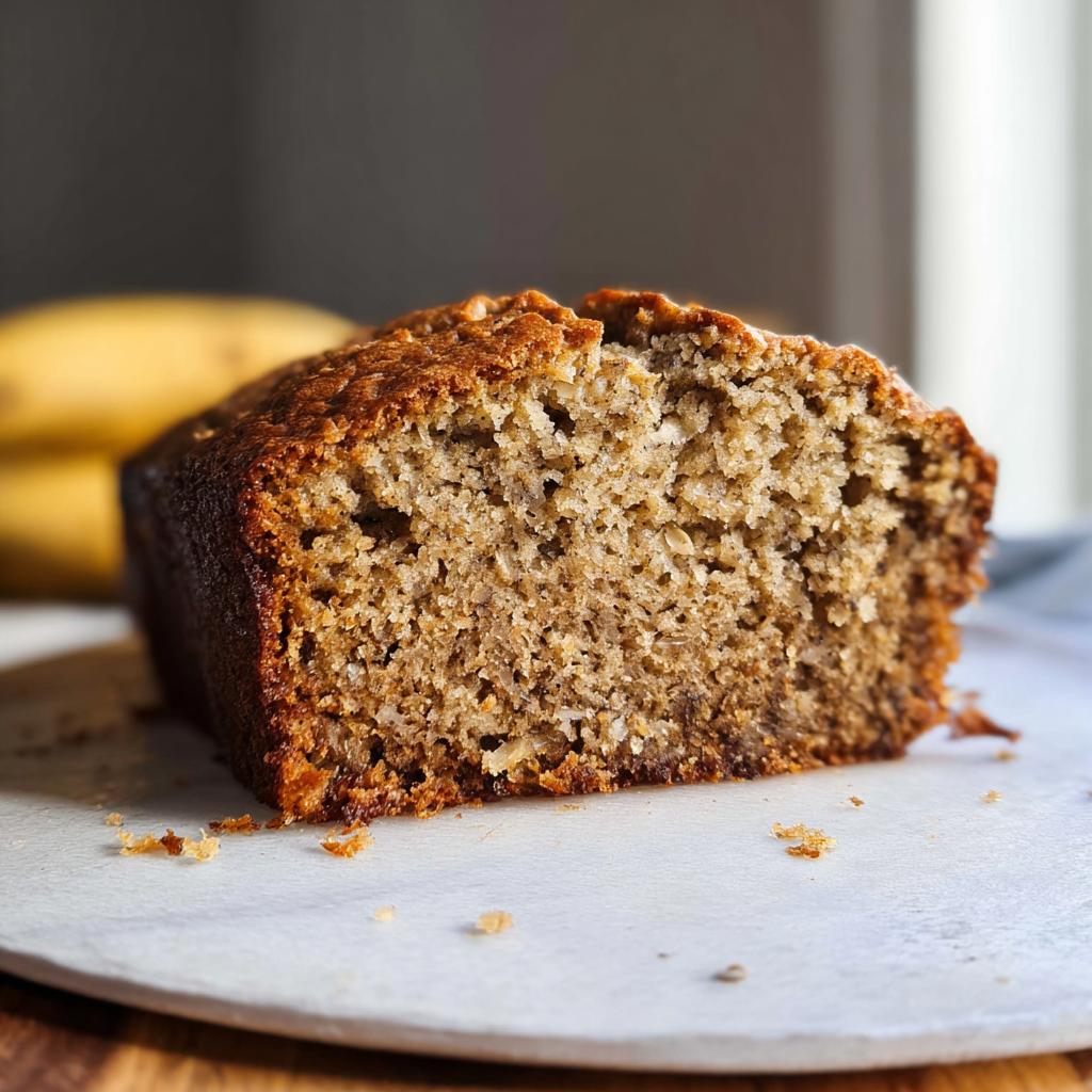 Close-up of a thick slice showing the moist, dense crumb texture of Classic Moist Banana Bread.