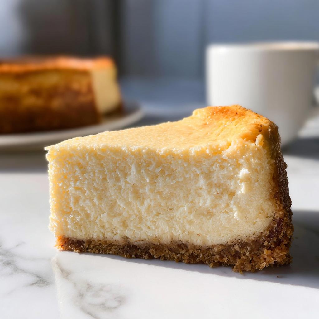 A perfect slice of Classic New York Baked Cheesecake with a thick graham cracker crust, set on a white marble surface.