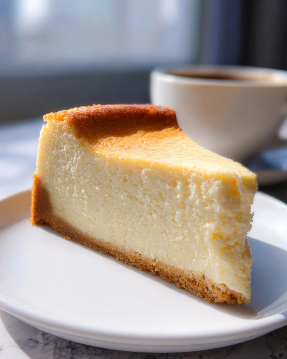 A perfect slice of Classic New York Baked Cheesecake with a golden top and graham cracker crust on a white plate.