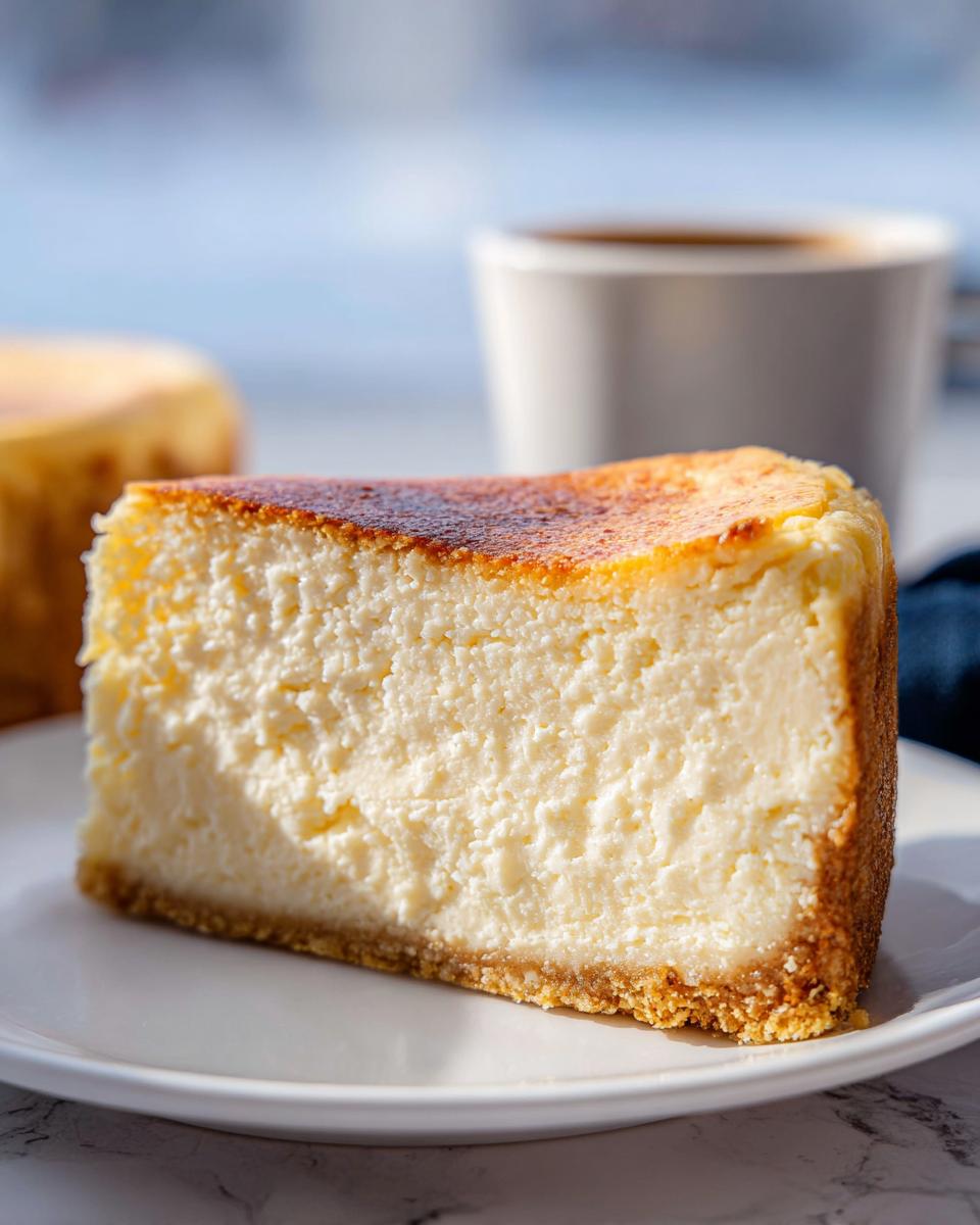 A thick slice of Classic New York Baked Cheesecake showing a creamy interior and a slightly browned top, served on a white plate.