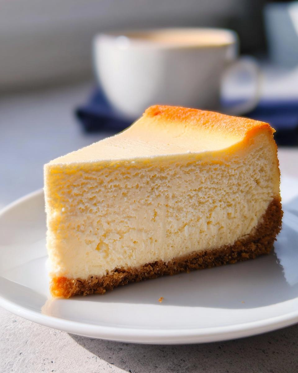 A perfect slice of Classic New York Baked Cheesecake with a graham cracker crust served on a white plate.
