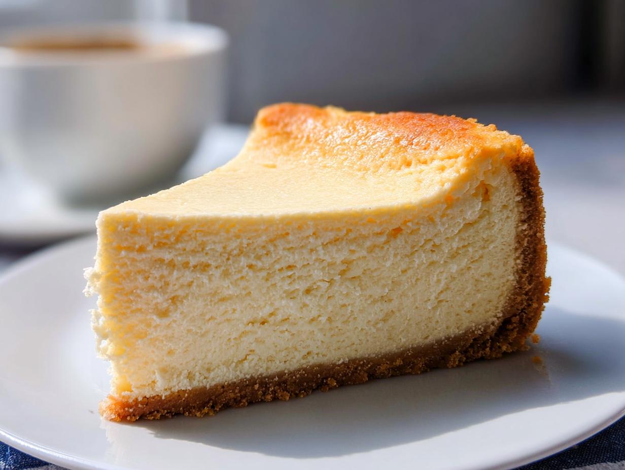 A perfect slice of Classic New York Baked Cheesecake showing a dense, creamy interior and graham cracker crust.