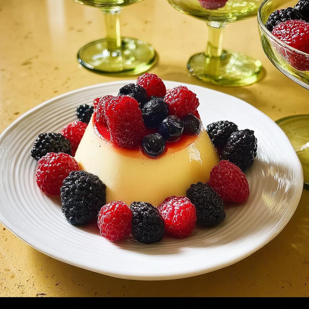 A perfect serving of Classic Vanilla Bean Panna Cotta topped with fresh raspberries, blueberries, and blackberries.