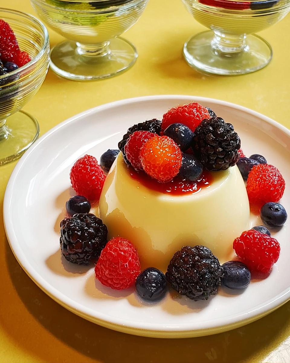 A perfectly set Classic Vanilla Bean Panna Cotta topped with mixed berries including raspberries, blueberries, and blackberries.