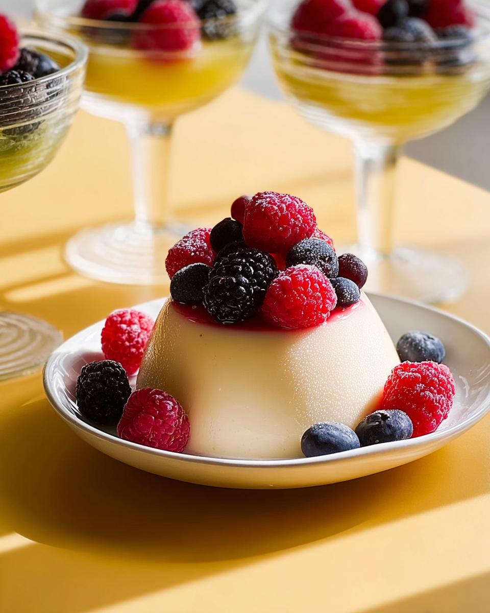 A molded Classic Vanilla Bean Panna Cotta with Berries, topped with raspberries and blackberries, dusted with sugar.
