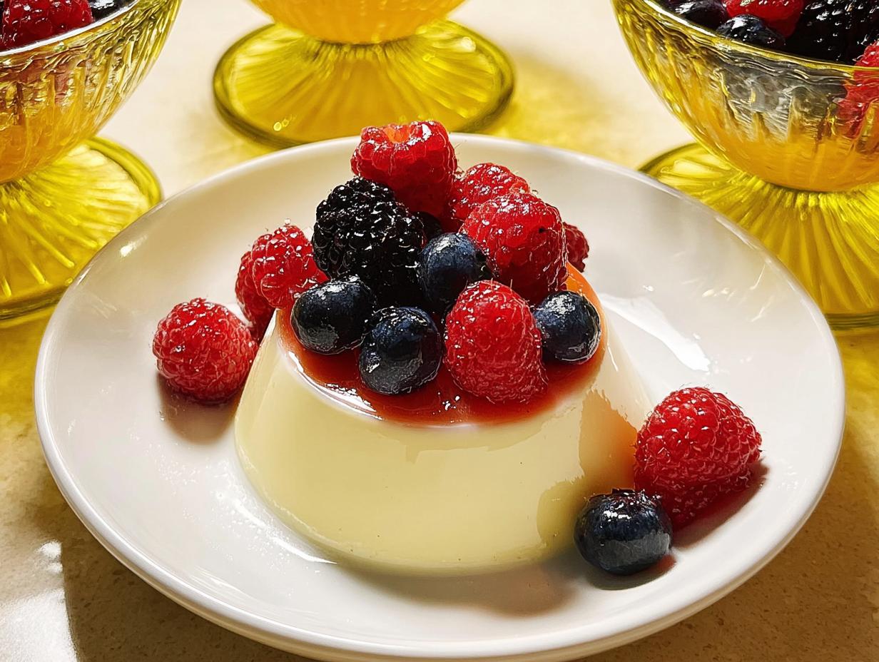A perfect serving of Classic Vanilla Bean Panna Cotta topped with fresh raspberries, blueberries, and blackberries.