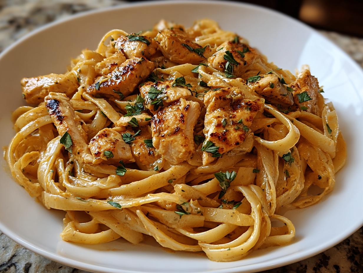Close-up of Cowboy Butter Chicken Linguine featuring grilled chicken pieces tossed in a rich, creamy sauce with linguine pasta.