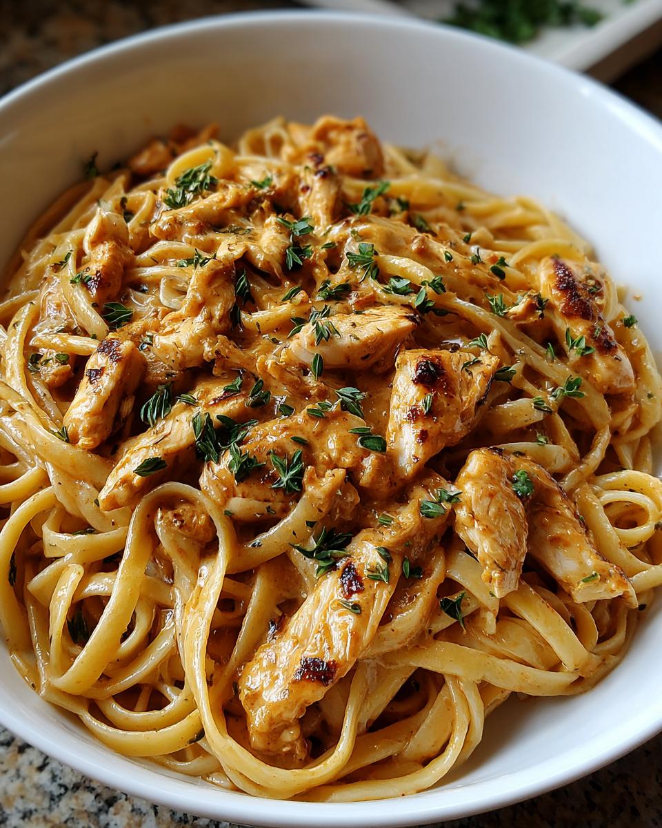 A close-up of creamy Cowboy Butter Chicken Linguine topped with fresh herbs in a white bowl.