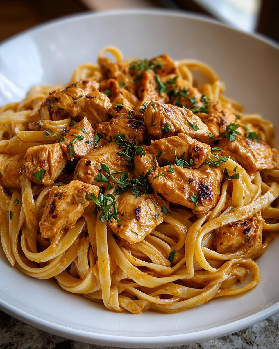 A close-up of creamy Cowboy Butter Chicken Linguine topped with seasoned chicken chunks and fresh parsley.