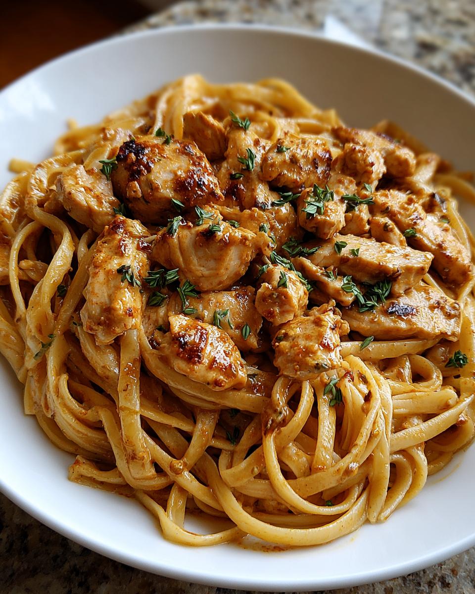 Close-up of a white bowl filled with Cowboy Butter Chicken Linguine, topped with seasoned chicken pieces and herbs.
