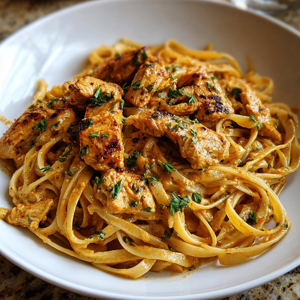 Close-up of Cowboy Butter Chicken Linguine featuring creamy sauce, grilled chicken pieces, and fresh herbs in a white bowl.
