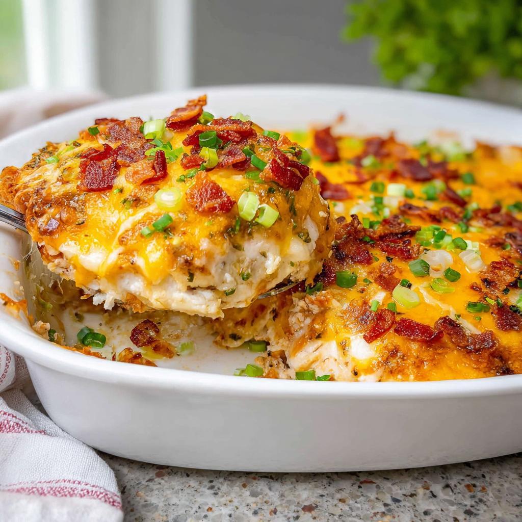 A spoonful of creamy Crack Chicken Casserole Bake topped with melted cheese, bacon, and green onions.