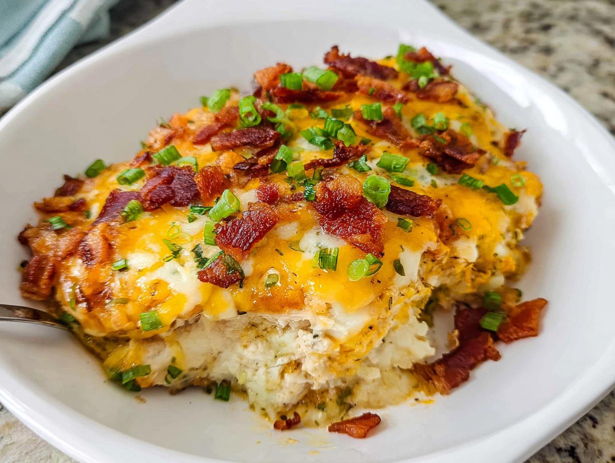 A close-up serving of creamy Crack Chicken Casserole Bake topped with melted cheddar cheese, bacon bits, and green onions.