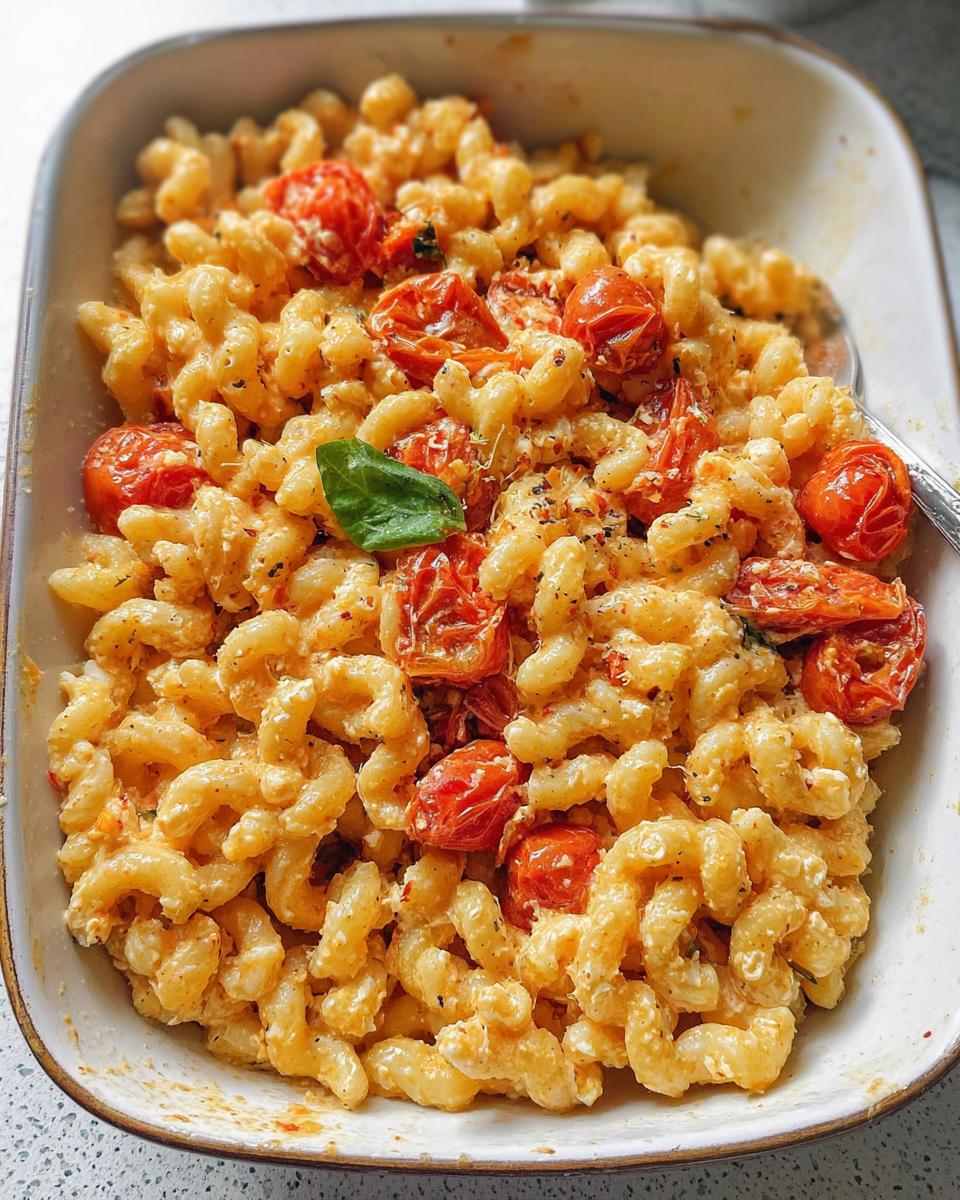 Close-up of creamy Baked Feta Tomato Pasta with roasted cherry tomatoes and a basil leaf garnish.