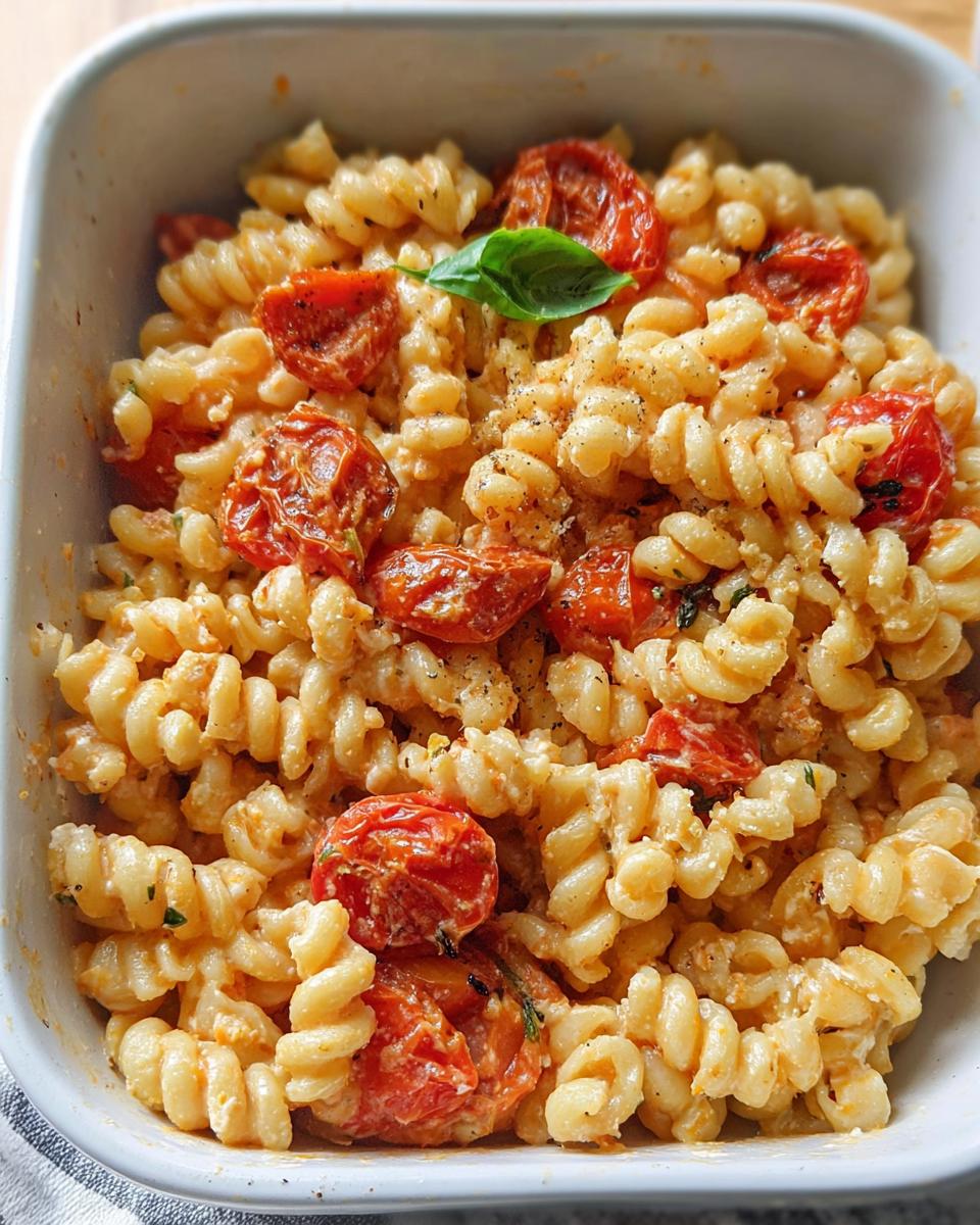 Close-up of creamy Baked Feta Tomato Pasta made with fusilli, roasted cherry tomatoes, and a basil garnish.