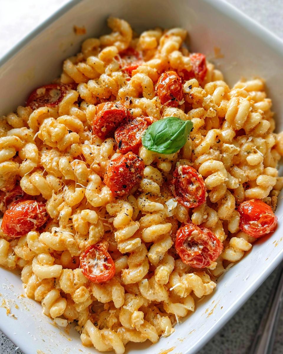 Close-up of creamy Baked Feta Tomato Pasta mixed with fusilli, topped with roasted cherry tomatoes and basil.