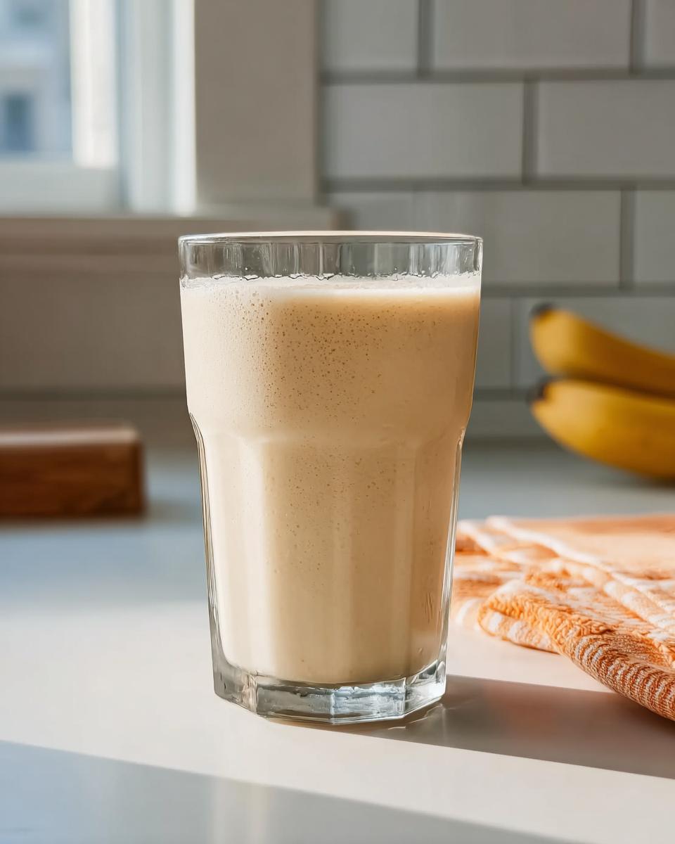 A tall glass filled with a creamy, light brown banana smoothie, with bananas visible in the background.
