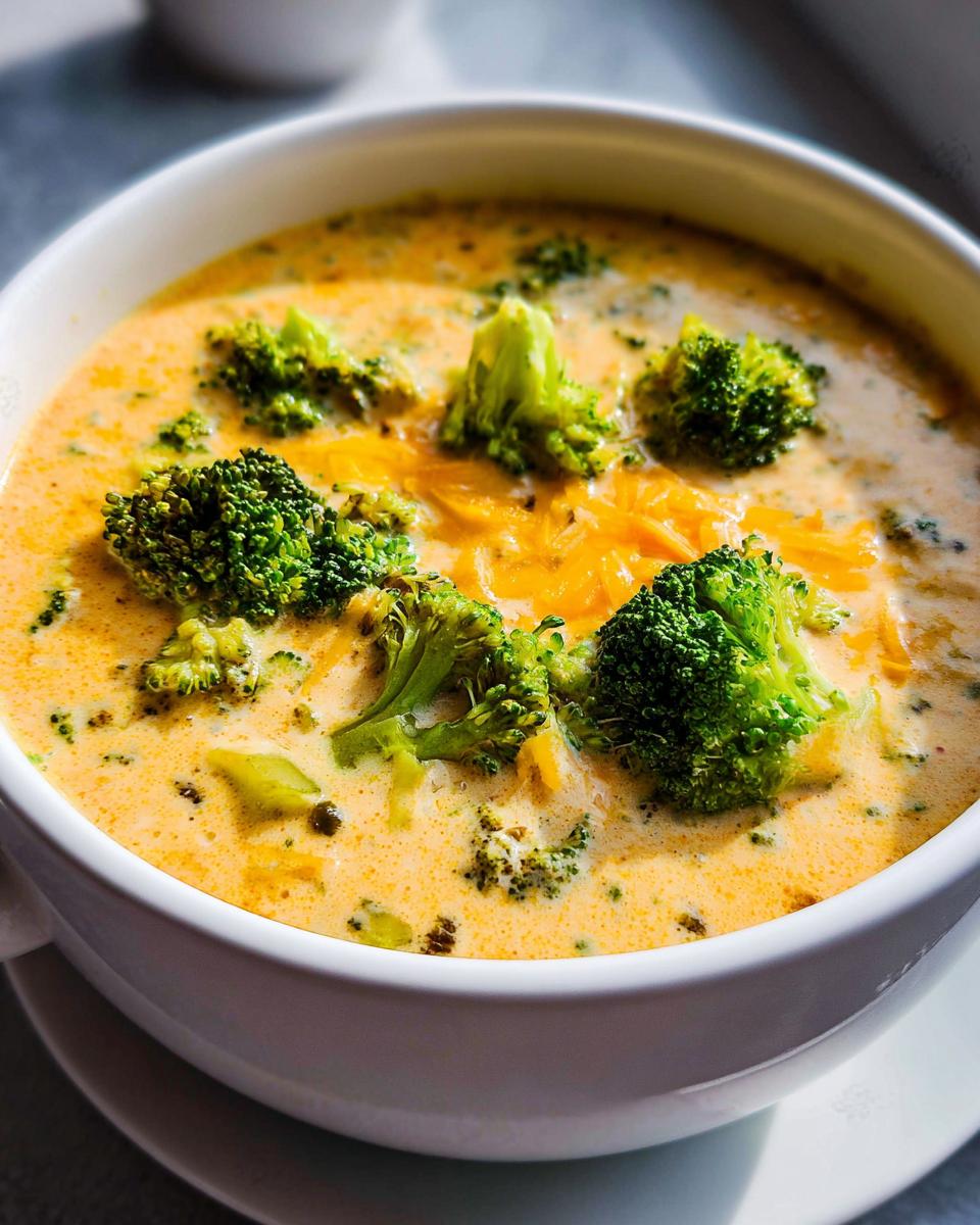 Close-up of a bowl of rich Creamy Broccoli Cheddar Soup topped with fresh broccoli florets and shredded cheddar cheese.