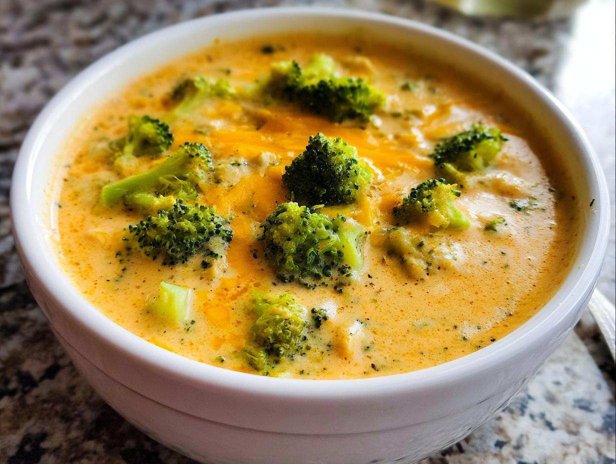 Close-up of a white bowl filled with rich, orange Creamy Broccoli Cheddar Soup topped with bright green broccoli florets.