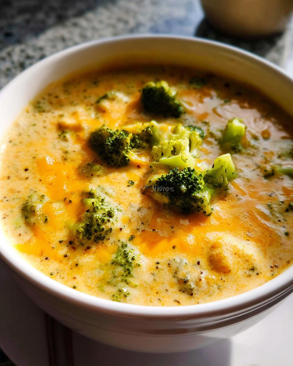 A close-up shot of a white bowl filled with rich, orange-yellow Creamy Broccoli Cheddar Soup topped with bright green broccoli florets.