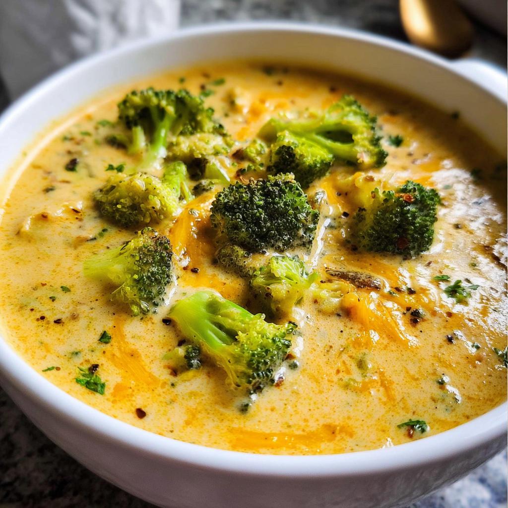 A close-up of a rich, orange-yellow bowl of Creamy Broccoli Cheddar Soup topped with bright green broccoli florets and herbs.