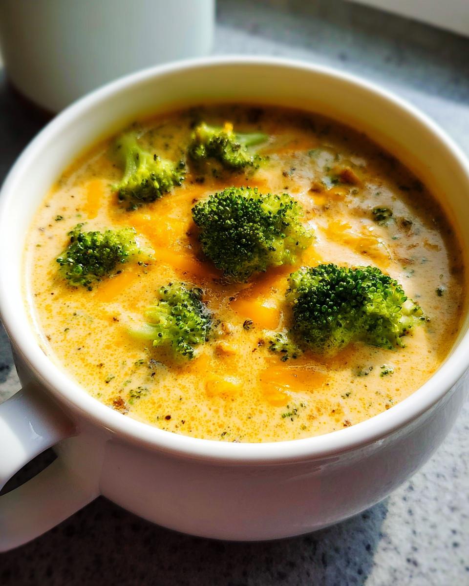 Close-up of a white mug filled with rich, orange Creamy Broccoli Cheddar Soup topped with bright green broccoli florets.