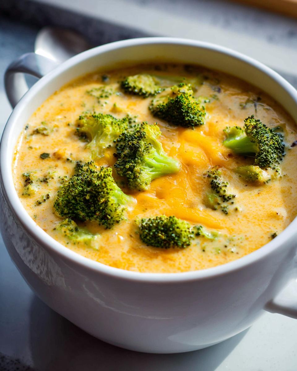 Close-up of a white mug filled with rich, orange Creamy Broccoli Cheddar Soup topped with bright green broccoli florets.