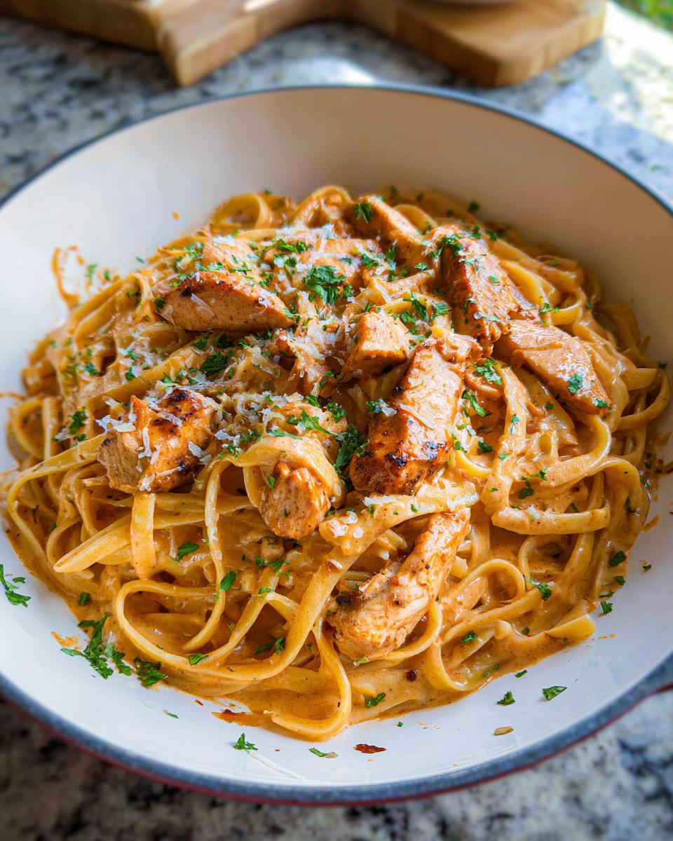 A close-up of a bowl filled with rich Creamy Cajun Chicken Pasta, topped with sliced chicken and parsley.
