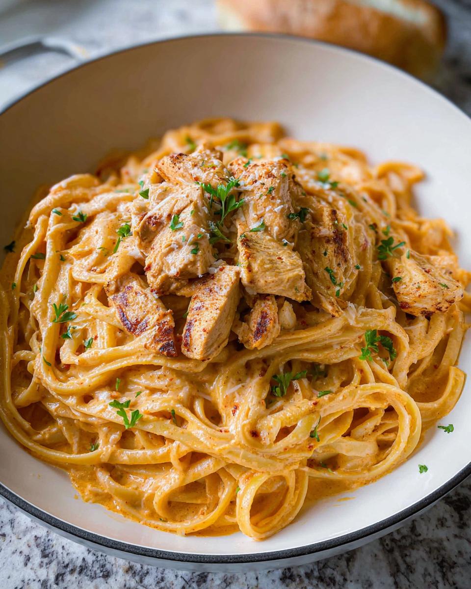 A close-up of a bowl filled with rich, orange-hued Creamy Cajun Chicken Pasta topped with sliced, seasoned chicken and parsley.