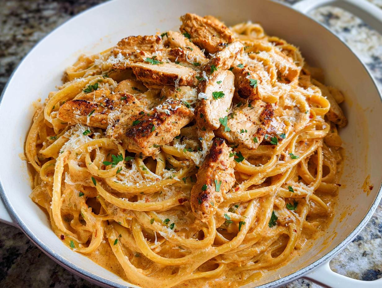 Close-up of rich, orange-hued Creamy Cajun Chicken Pasta topped with sliced, seasoned chicken and grated Parmesan.