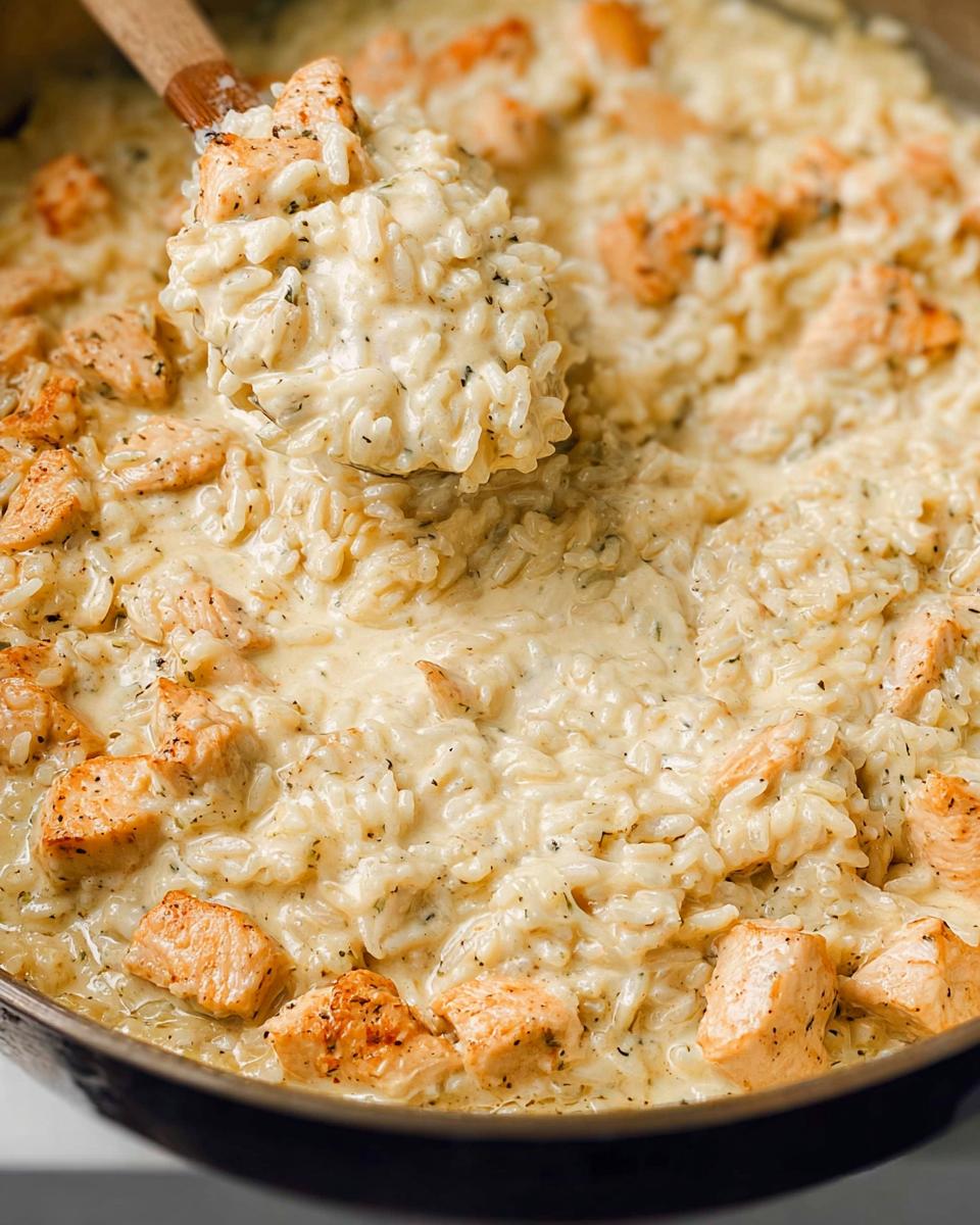 A spoonful of rich, creamy chicken and rice skillet being lifted from the pan, showing seasoned chicken pieces.