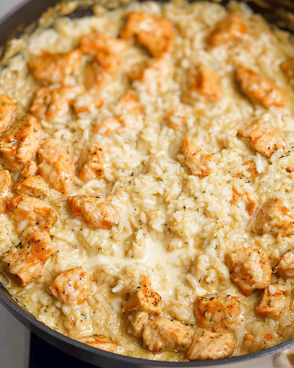 Close-up view of tender chicken pieces mixed into creamy rice in a skillet, featuring the Creamy Chicken and Rice Skillet.