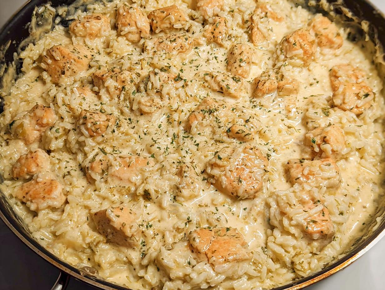 Close-up of the finished Creamy Chicken and Rice Skillet, featuring chunks of chicken in a rich sauce with rice, garnished with parsley.