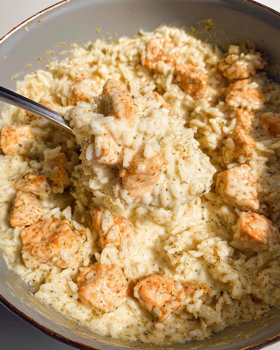 Close-up of a spoonful being lifted from a bowl of Creamy Chicken and Rice Skillet, showing creamy sauce and seasoned chicken pieces.