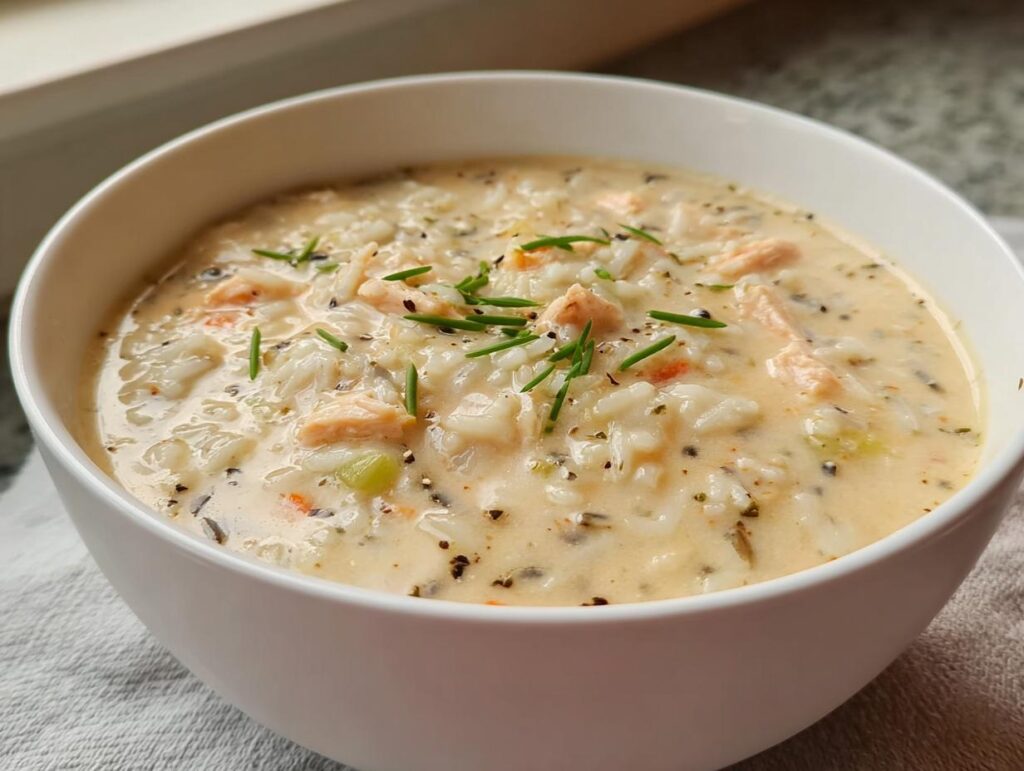 A close-up of a white bowl filled with thick, creamy chicken and wild rice soup, garnished with chives.
