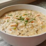 A close-up of a white bowl filled with thick, creamy chicken and wild rice soup, garnished with chives.