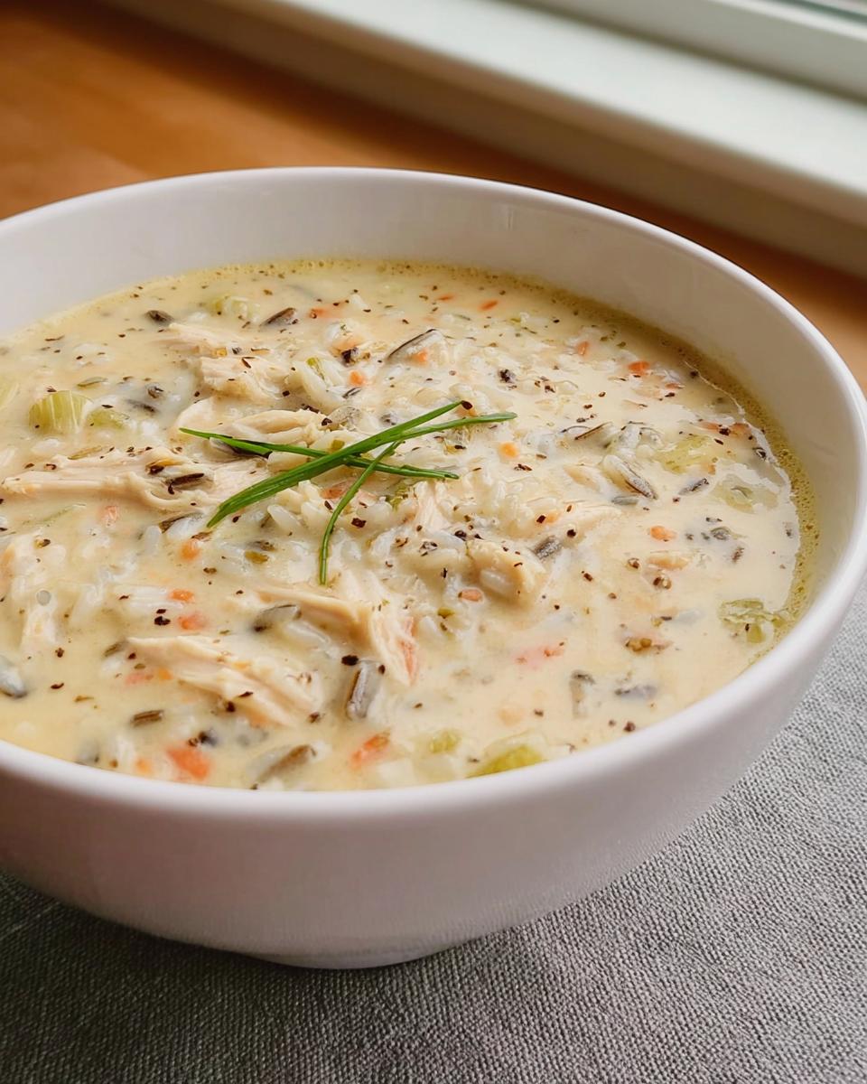 Close-up of a white bowl filled with rich, creamy chicken and wild rice soup, garnished with chives.