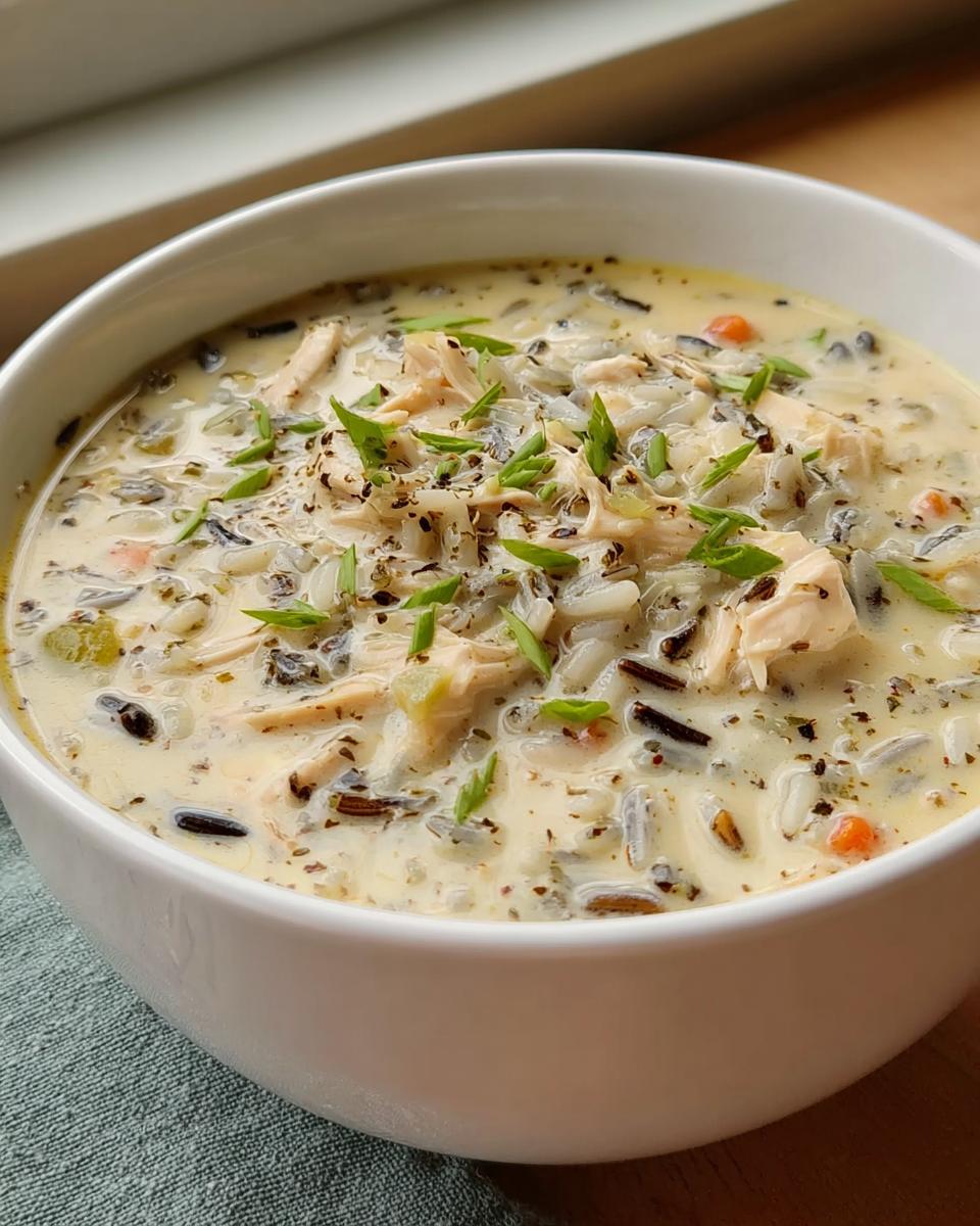 Close-up of a white bowl filled with rich Creamy Chicken and Wild Rice Soup, garnished with fresh chives.