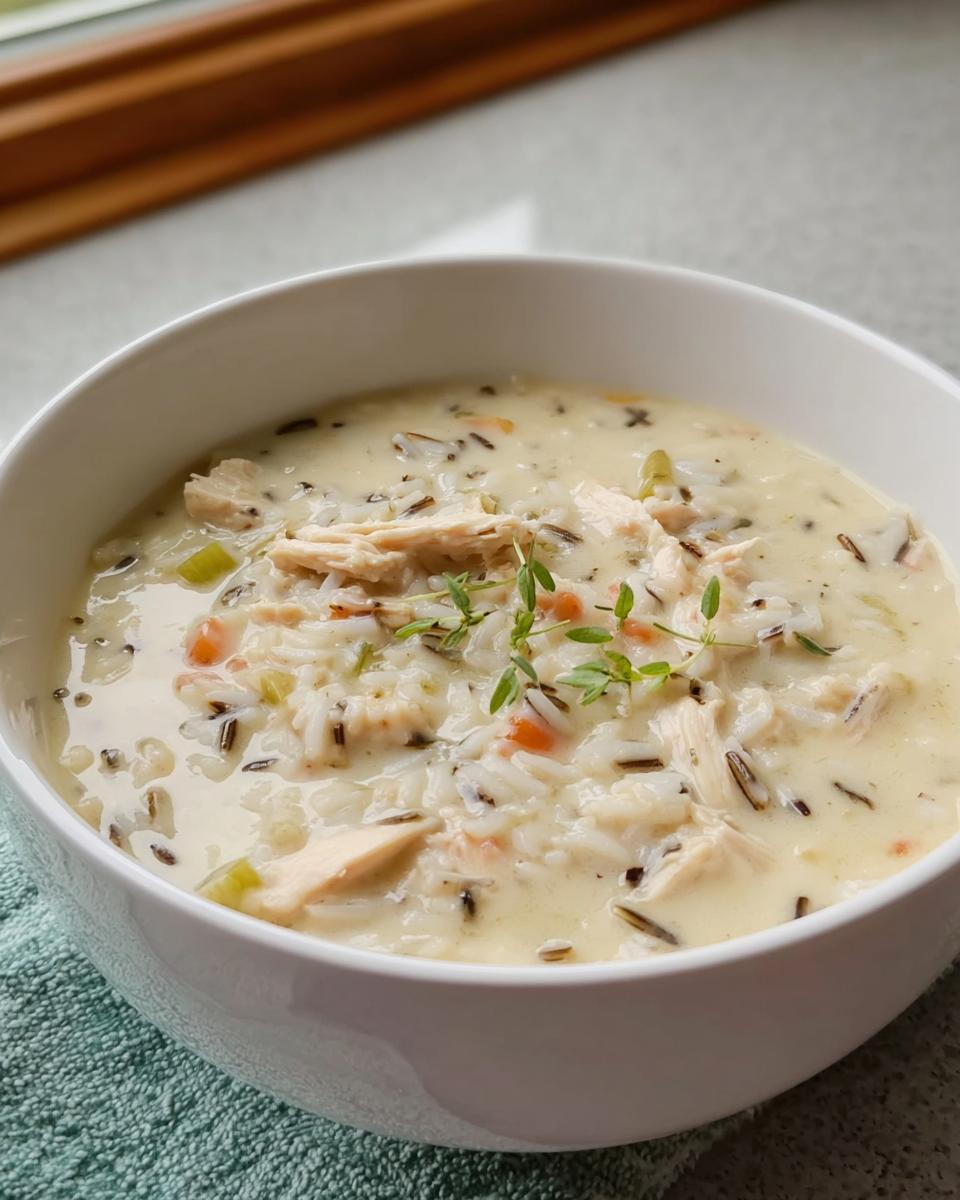 Close-up of a white bowl filled with thick Creamy Chicken and Wild Rice Soup, garnished with thyme.