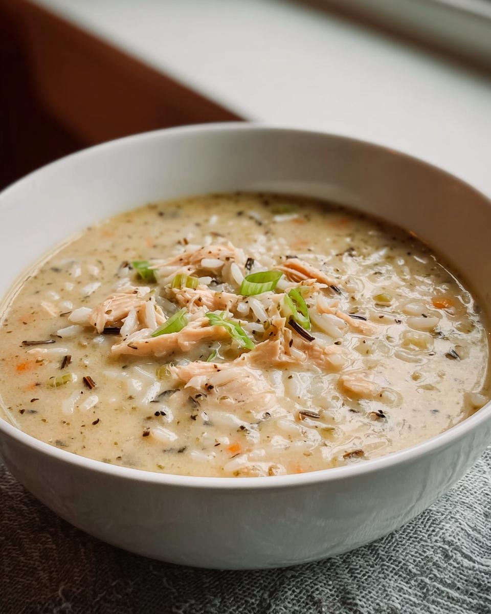 A close-up of a white bowl filled with thick, creamy chicken and wild rice soup, garnished with shredded chicken and green onions.
