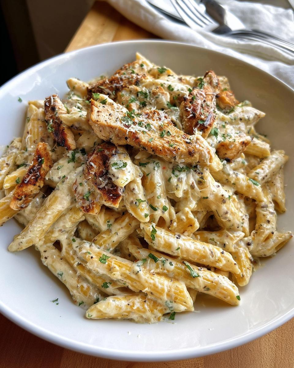 Close-up of penne pasta coated in a rich sauce, topped with grilled chicken slices for Creamy Garlic Parmesan Chicken Pasta.