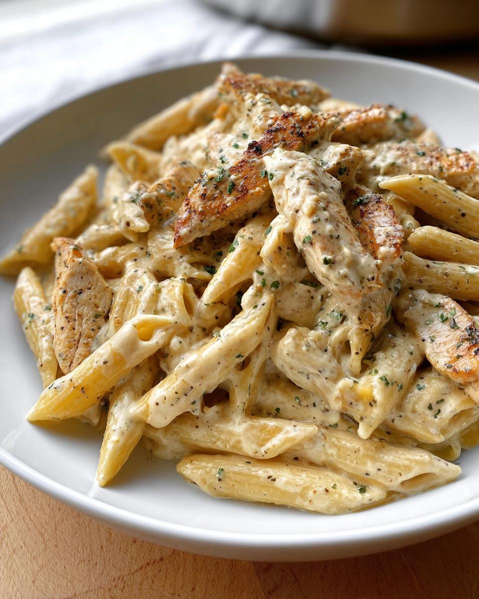 A close-up of penne pasta coated in a rich, creamy garlic parmesan sauce, topped with sliced grilled chicken.