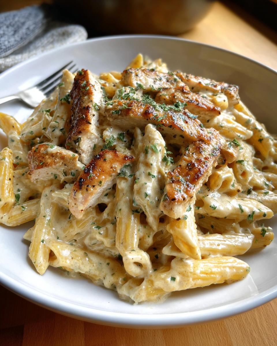 Close-up of penne pasta coated in a rich sauce, topped with sliced grilled chicken in Creamy Garlic Parmesan Chicken Pasta.
