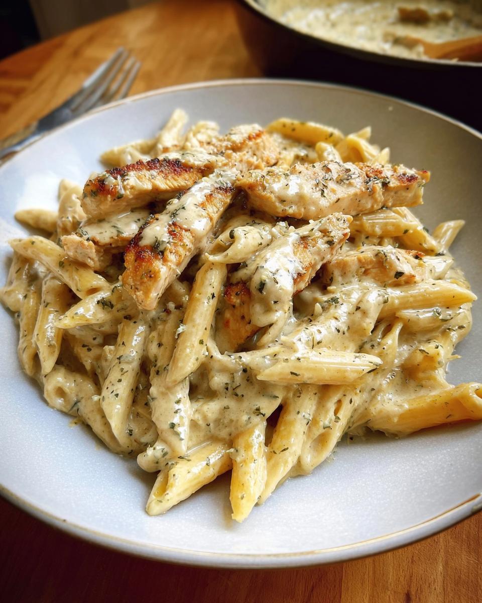 Close-up of penne pasta coated in a rich sauce, topped with grilled chicken strips for Creamy Garlic Parmesan Chicken Pasta.