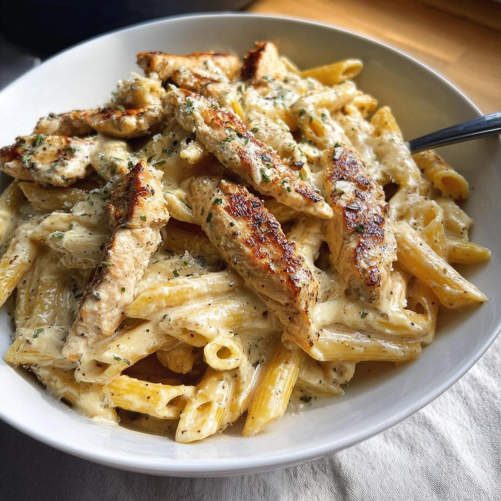 Close-up of penne pasta coated in a rich sauce, topped with grilled chicken strips for Creamy Garlic Parmesan Chicken Pasta.