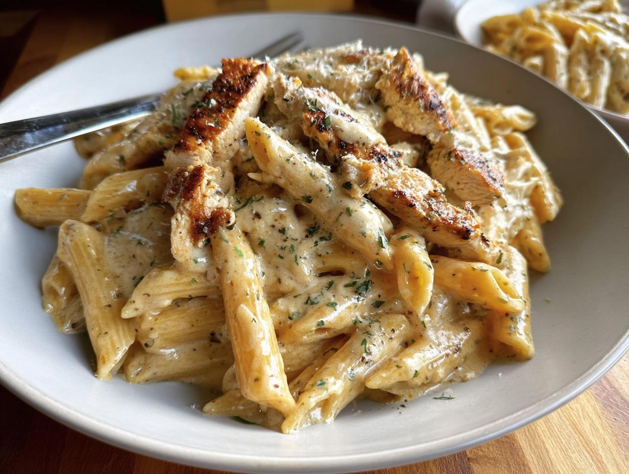 Close-up of penne pasta coated in a rich sauce, topped with sliced grilled chicken for Creamy Garlic Parmesan Chicken Pasta.