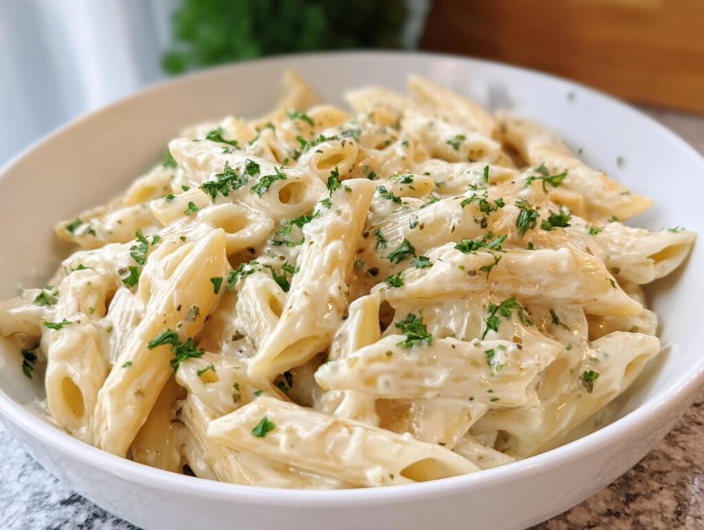 A close-up shot of a white bowl filled with rich Creamy Garlic Penne Pasta, topped with fresh chopped parsley.