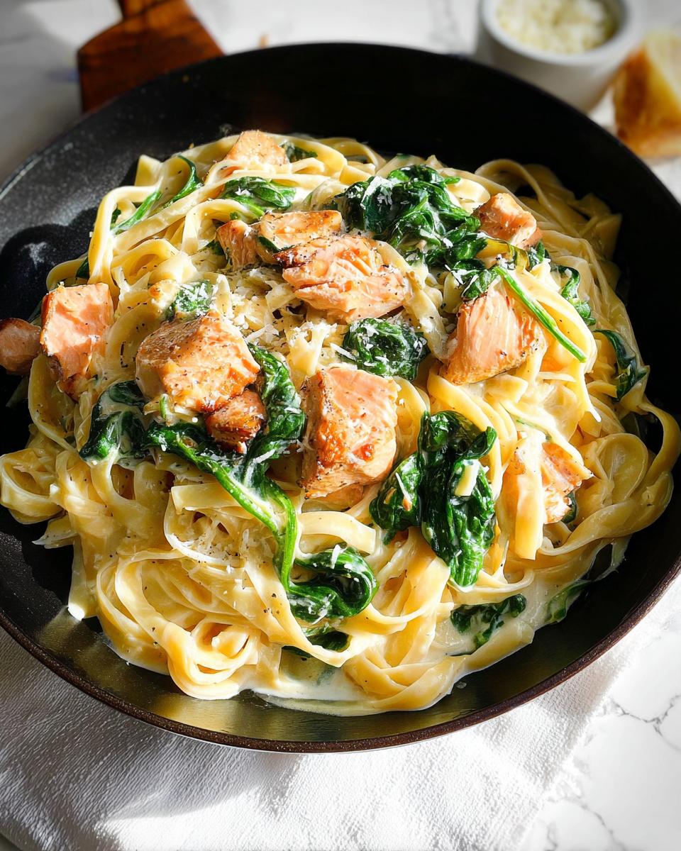 A close-up of Creamy Garlic Salmon Pasta Skillet featuring fettuccine, chunks of salmon, and wilted spinach in a creamy sauce.