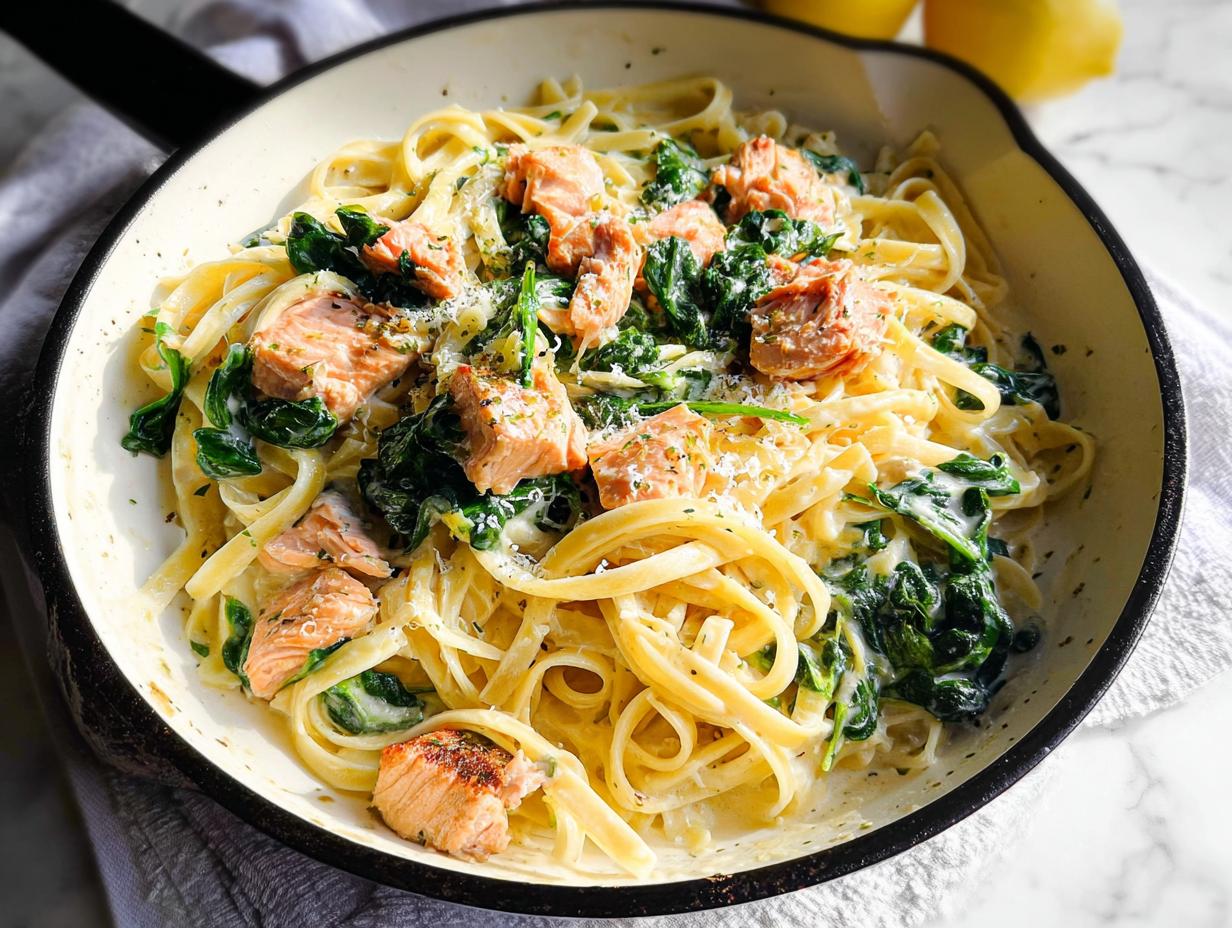 Close-up of Creamy Garlic Salmon Pasta Skillet with fettuccine, salmon chunks, and wilted spinach in a skillet.