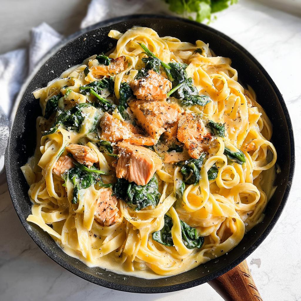 Close-up of Creamy Garlic Salmon Pasta Skillet with fettuccine, salmon chunks, and spinach in a black skillet.